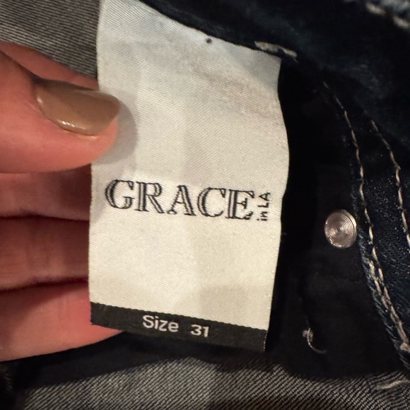 Grace in LA Dark Blue Embroidered Boot Cut Jeans Size 31 - Picture 7 of 10